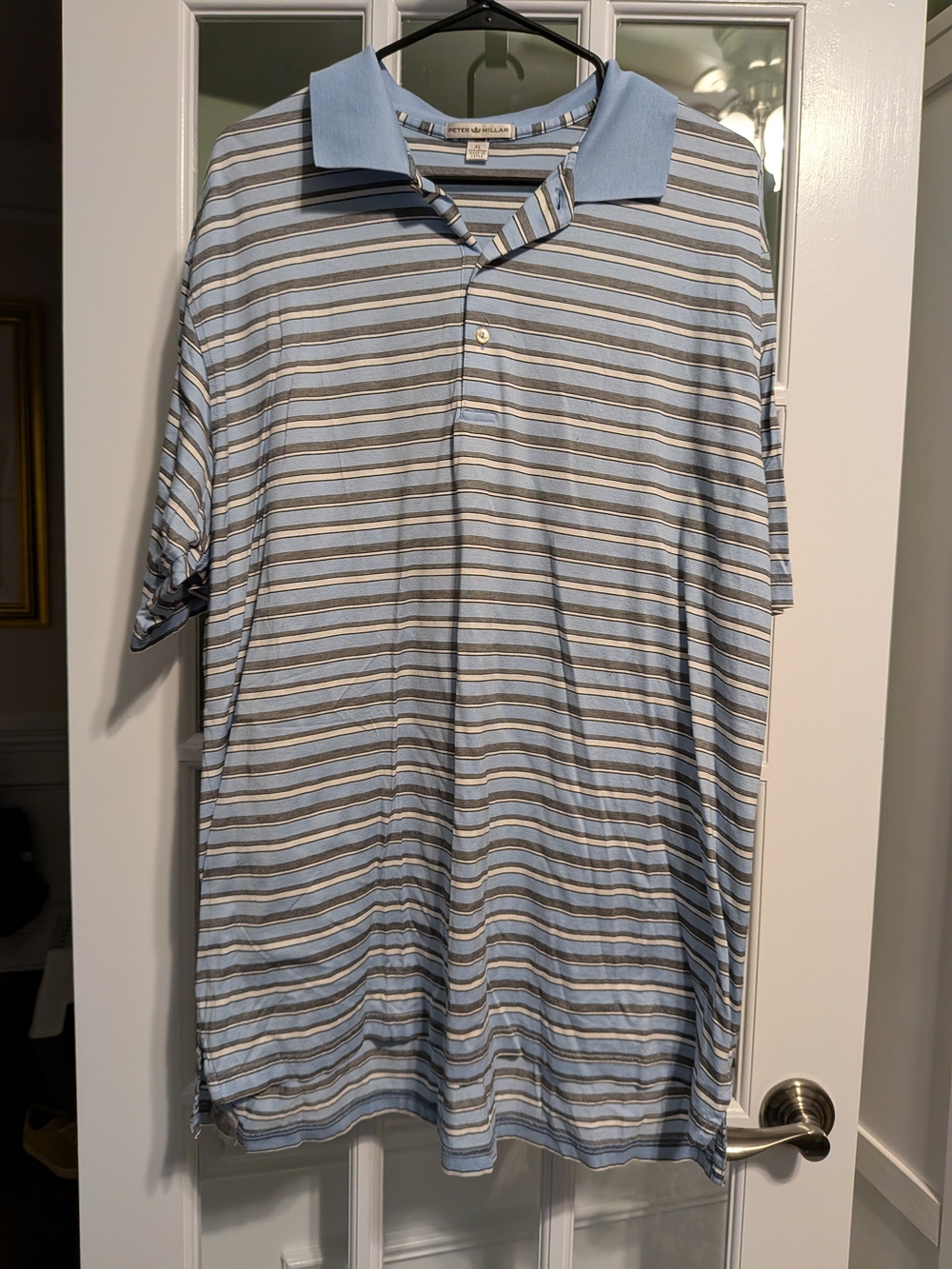 Peter Millar Light Blue Striped Polo with Contrast Collar